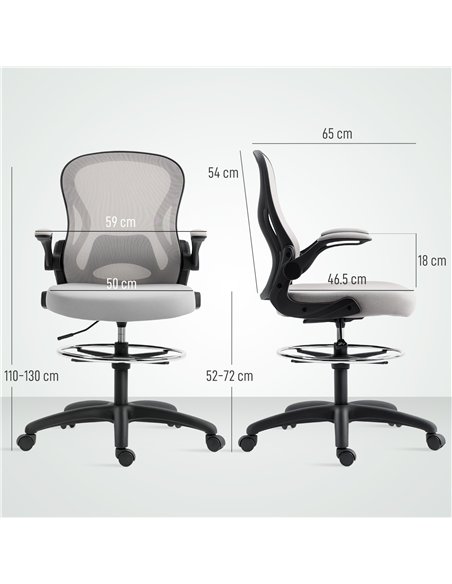 Vinsetto Adjustable Mesh Standing Desk Chair with Flip-up Armrests Lumbar Support Armrests Adjustable Footrest Ring Grey