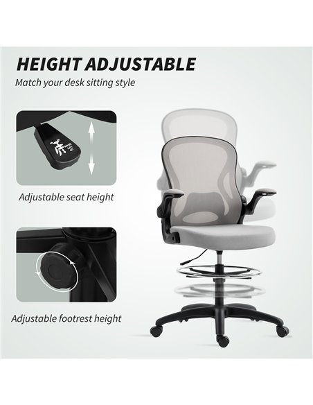 Vinsetto Adjustable Mesh Standing Desk Chair with Flip-up Armrests Lumbar Support Armrests Adjustable Footrest Ring Grey