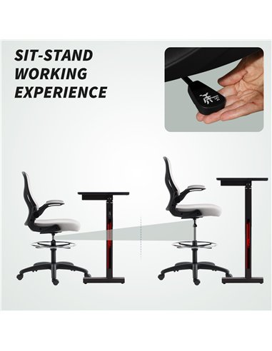 Vinsetto Adjustable Mesh Standing Desk Chair with Flip-up Armrests Lumbar Support Armrests Adjustable Footrest Ring Grey