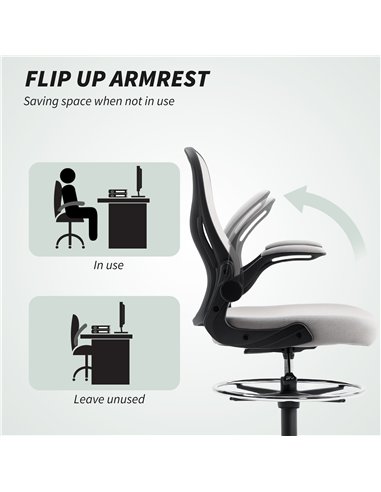 Vinsetto Adjustable Mesh Standing Desk Chair with Flip-up Armrests Lumbar Support Armrests Adjustable Footrest Ring Grey