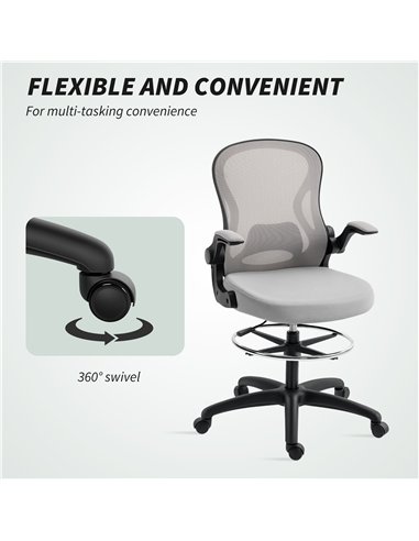Vinsetto Adjustable Mesh Standing Desk Chair with Flip-up Armrests Lumbar Support Armrests Adjustable Footrest Ring Grey