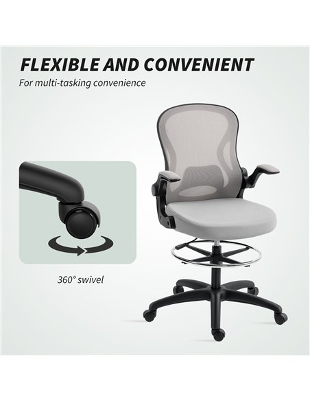 Vinsetto Adjustable Mesh Standing Desk Chair with Flip-up Armrests Lumbar Support Armrests Adjustable Footrest Ring Grey