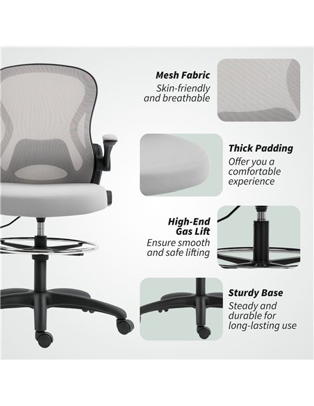 Vinsetto Adjustable Mesh Standing Desk Chair with Flip-up Armrests Lumbar Support Armrests Adjustable Footrest Ring Grey