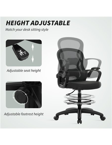 Vinsetto Drafting Chair with Adjustable Footrest, Ergonomic Mesh Office Chair with Lumbar Support, Adjustable Height for Standin