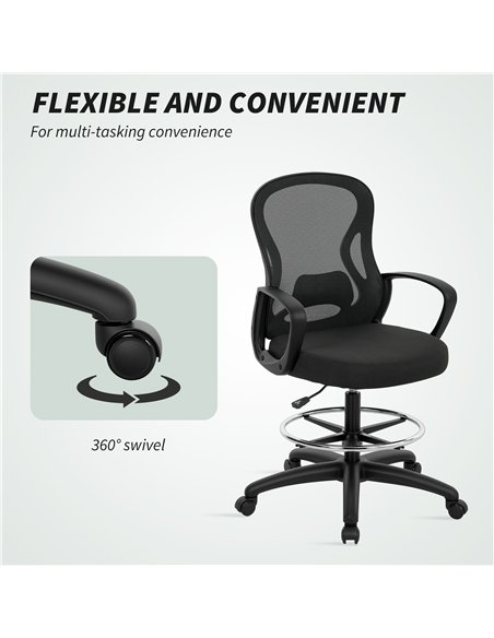 Vinsetto Drafting Chair with Adjustable Footrest, Ergonomic Mesh Office Chair with Lumbar Support, Adjustable Height for Standin