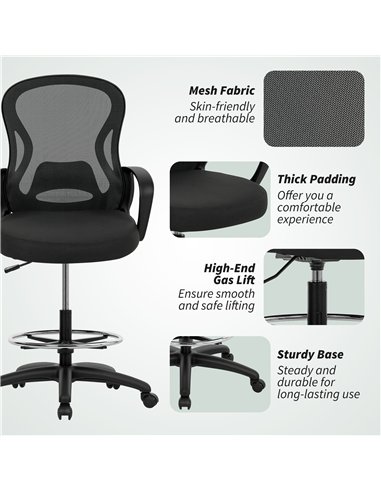 Vinsetto Drafting Chair with Adjustable Footrest, Ergonomic Mesh Office Chair with Lumbar Support, Adjustable Height for Standin