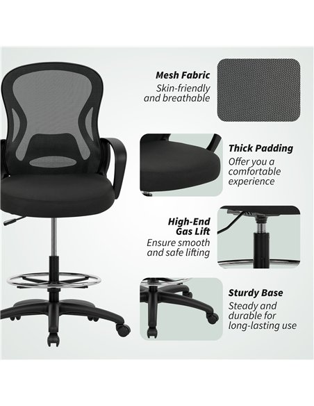 Vinsetto Drafting Chair with Adjustable Footrest, Ergonomic Mesh Office Chair with Lumbar Support, Adjustable Height for Standin