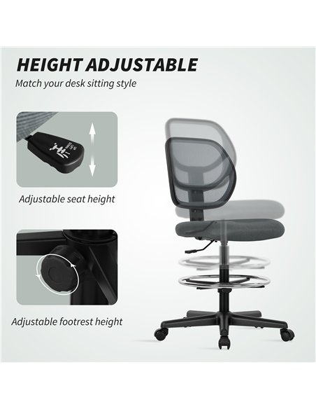Vinsetto Ergonomic Mesh Standing Desk Chair with Adjustable Footrest Ring and Seat Height Charcoal Grey