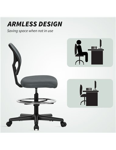 Vinsetto Ergonomic Mesh Standing Desk Chair with Adjustable Footrest Ring and Seat Height Charcoal Grey