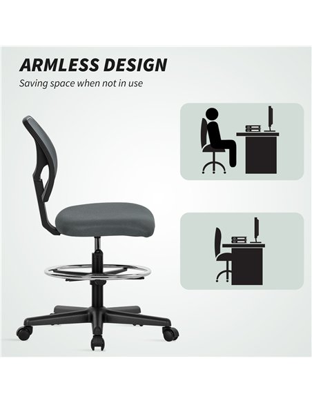 Vinsetto Ergonomic Mesh Standing Desk Chair with Adjustable Footrest Ring and Seat Height Charcoal Grey