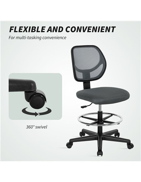 Vinsetto Ergonomic Mesh Standing Desk Chair with Adjustable Footrest Ring and Seat Height Charcoal Grey