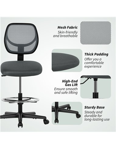Vinsetto Ergonomic Mesh Standing Desk Chair with Adjustable Footrest Ring and Seat Height Charcoal Grey