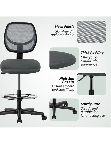 Vinsetto Ergonomic Mesh Standing Desk Chair with Adjustable Footrest Ring and Seat Height Charcoal Grey