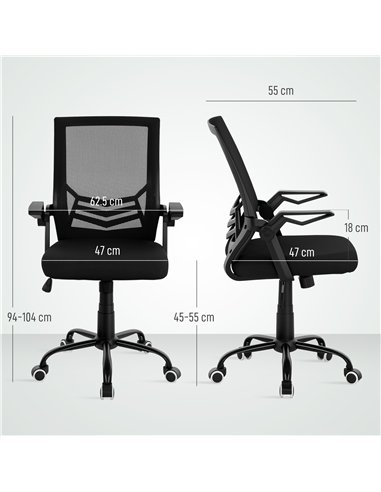 Vinsetto Mesh Office Chair, Computer Desk Chair with Flip-up Armrests, Lumbar Back Support and Swivel Wheels, Black