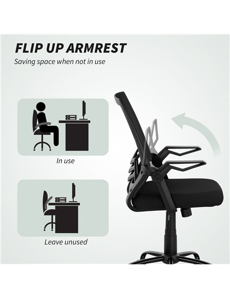 Vinsetto Mesh Office Chair, Computer Desk Chair with Flip-up Armrests, Lumbar Back Support and Swivel Wheels, Black