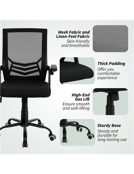 Vinsetto Mesh Office Chair, Computer Desk Chair with Flip-up Armrests, Lumbar Back Support and Swivel Wheels, Black
