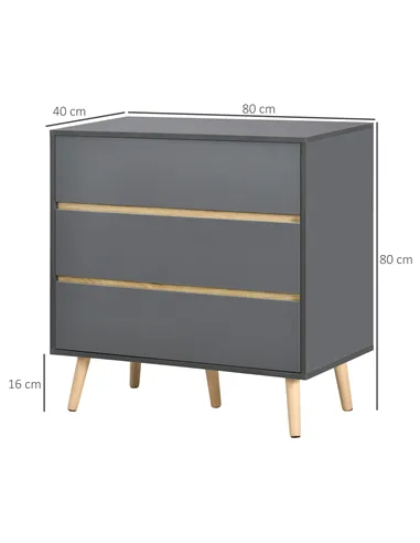 HOMCOM Drawer Chest, 3-Drawer Storage Organiser for Bedroom, Living Room, 80cmx40cmx80cm, Dark Grey