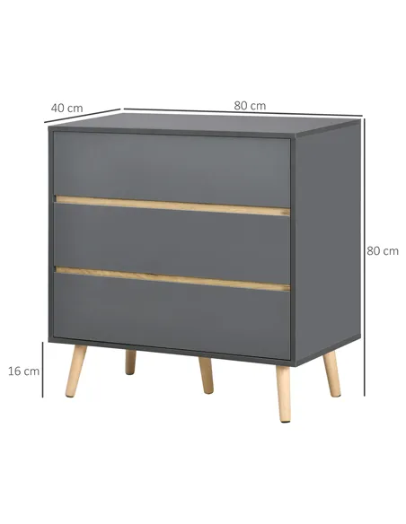HOMCOM Drawer Chest, 3-Drawer Storage Organiser for Bedroom, Living Room, 80cmx40cmx80cm, Dark Grey
