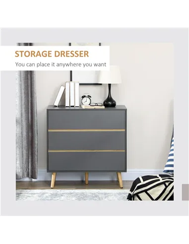 HOMCOM Drawer Chest, 3-Drawer Storage Organiser for Bedroom, Living Room, 80cmx40cmx80cm, Dark Grey