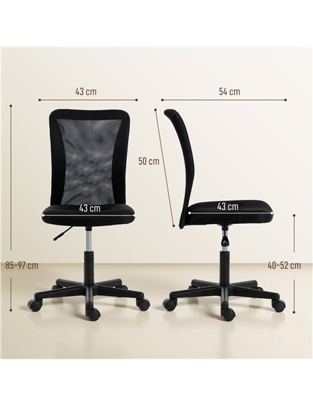 Vinsetto Computer Desk Chair, Armless Mesh Office Chair with Adjustable Height and Rolling Wheels, Black