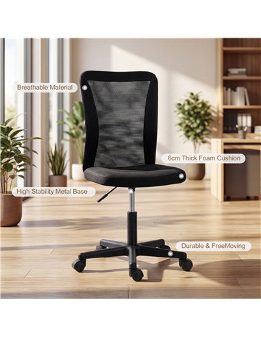 Vinsetto Computer Desk Chair, Armless Mesh Office Chair with Adjustable Height and Rolling Wheels, Black
