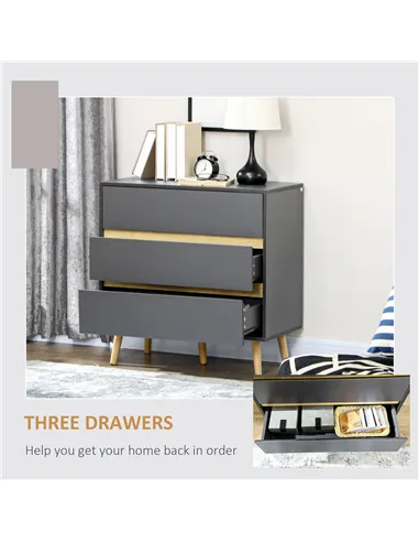 HOMCOM Drawer Chest, 3-Drawer Storage Organiser for Bedroom, Living Room, 80cmx40cmx80cm, Dark Grey