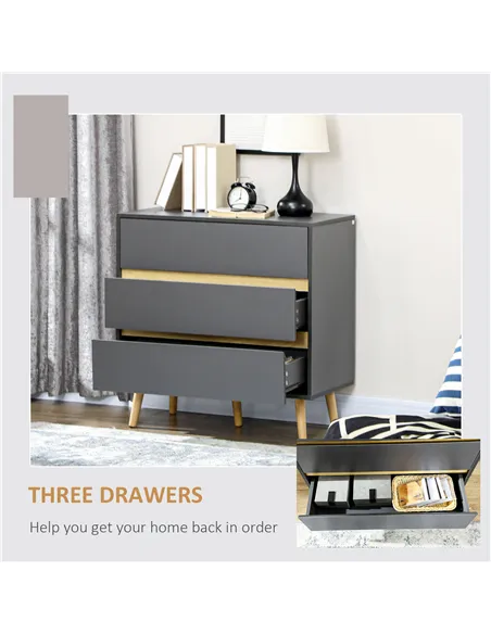 HOMCOM Drawer Chest, 3-Drawer Storage Organiser for Bedroom, Living Room, 80cmx40cmx80cm, Dark Grey