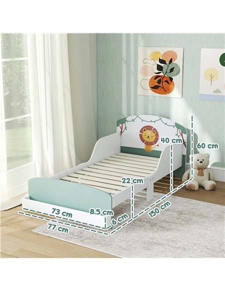 AIYAPLAY Toddler Bed with Storage, Guardrails, Lion Design, for Ages 3-8 Years, Fits 140 x 70cm Mattress, Green