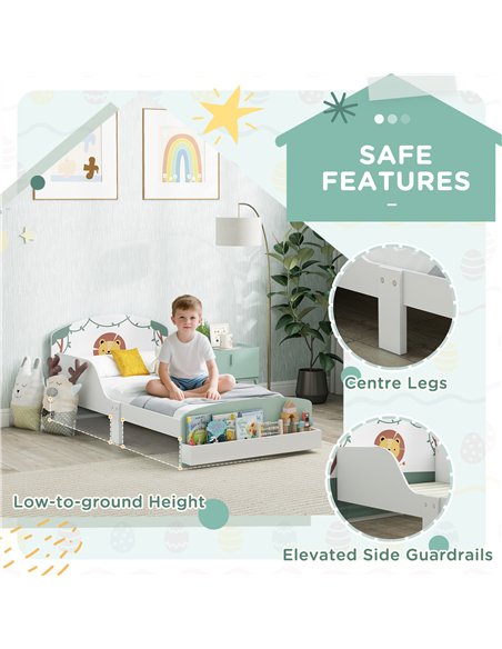 AIYAPLAY Toddler Bed with Storage, Guardrails, Lion Design, for Ages 3-8 Years, Fits 140 x 70cm Mattress, Green