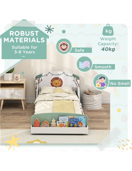 AIYAPLAY Toddler Bed with Storage, Guardrails, Lion Design, for Ages 3-8 Years, Fits 140 x 70cm Mattress, Green