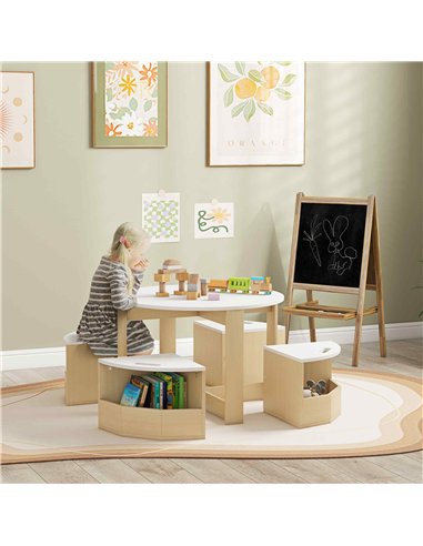AIYAPLAY Five-Piece Kids Table and Chairs Set with Storage, for Ages 3-8 Years, White