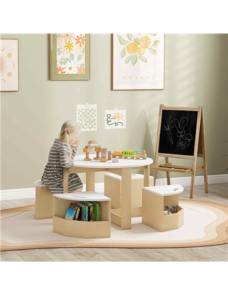 AIYAPLAY Five-Piece Kids Table and Chairs Set with Storage, for Ages 3-8 Years, White