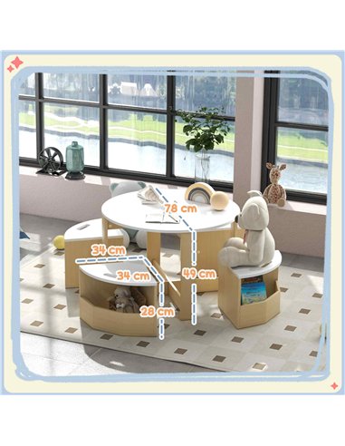 AIYAPLAY Five-Piece Kids Table and Chairs Set with Storage, for Ages 3-8 Years, White