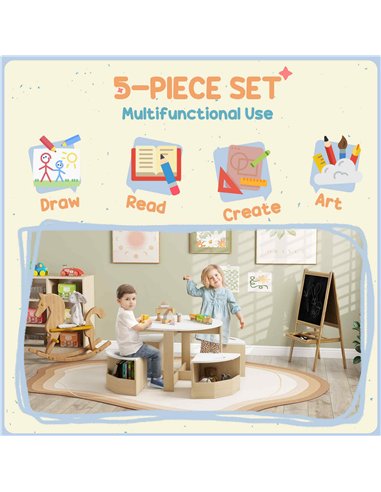 AIYAPLAY Five-Piece Kids Table and Chairs Set with Storage, for Ages 3-8 Years, White