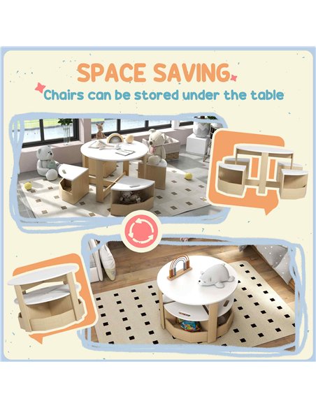 AIYAPLAY Five-Piece Kids Table and Chairs Set with Storage, for Ages 3-8 Years, White