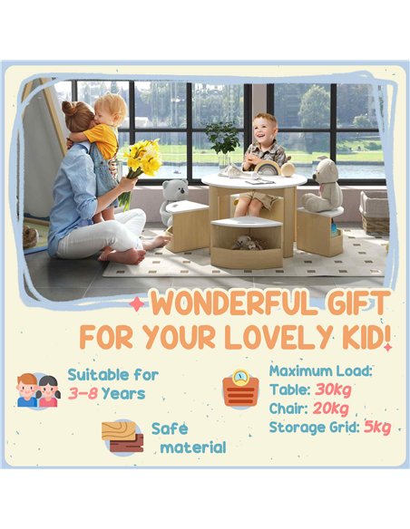 AIYAPLAY Five-Piece Kids Table and Chairs Set with Storage, for Ages 3-8 Years, White