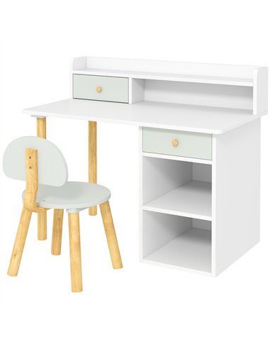 AIYAPLAY Two-Piece Children Study Table with Hutch, Kids Desk and Chair Set with Storage, Drawer, Shelves, Green