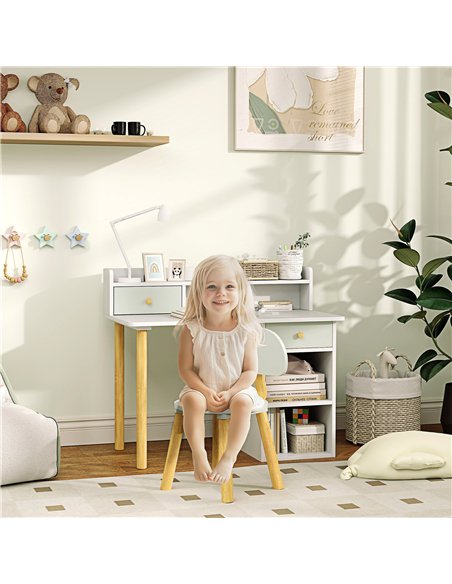 AIYAPLAY Two-Piece Children Study Table with Hutch, Kids Desk and Chair Set with Storage, Drawer, Shelves, Green