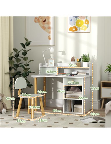 AIYAPLAY Two-Piece Children Study Table with Hutch, Kids Desk and Chair Set with Storage, Drawer, Shelves, Green