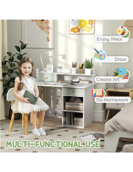 AIYAPLAY Two-Piece Children Study Table with Hutch, Kids Desk and Chair Set with Storage, Drawer, Shelves, Green