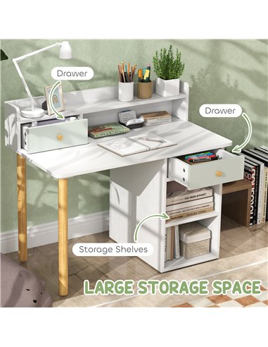 AIYAPLAY Two-Piece Children Study Table with Hutch, Kids Desk and Chair Set with Storage, Drawer, Shelves, Green