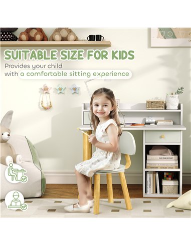 AIYAPLAY Two-Piece Children Study Table with Hutch, Kids Desk and Chair Set with Storage, Drawer, Shelves, Green