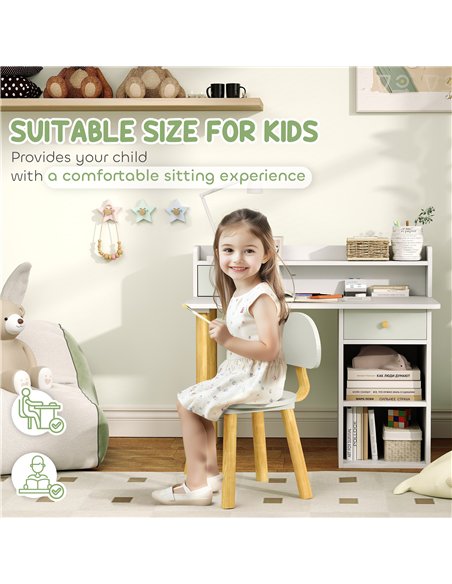 AIYAPLAY Two-Piece Children Study Table with Hutch, Kids Desk and Chair Set with Storage, Drawer, Shelves, Green