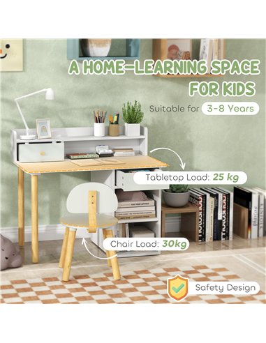 AIYAPLAY Two-Piece Children Study Table with Hutch, Kids Desk and Chair Set with Storage, Drawer, Shelves, Green