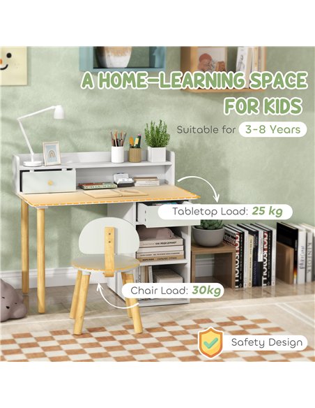 AIYAPLAY Two-Piece Children Study Table with Hutch, Kids Desk and Chair Set with Storage, Drawer, Shelves, Green