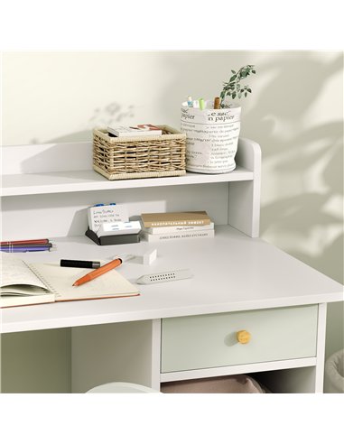 AIYAPLAY Two-Piece Children Study Table with Hutch, Kids Desk and Chair Set with Storage, Drawer, Shelves, Green