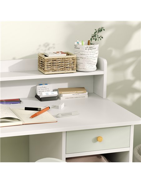 AIYAPLAY Two-Piece Children Study Table with Hutch, Kids Desk and Chair Set with Storage, Drawer, Shelves, Green