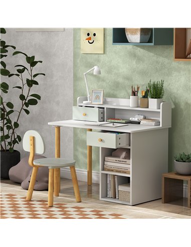 AIYAPLAY Two-Piece Children Study Table with Hutch, Kids Desk and Chair Set with Storage, Drawer, Shelves, Green