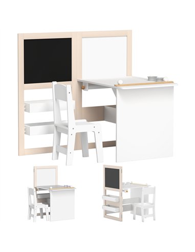 AIYAPLAY 3 in 1 Kids Table and Chair Set with Storage, Whiteboard, Blackboard & Roll Paper for 3-8 Years, White