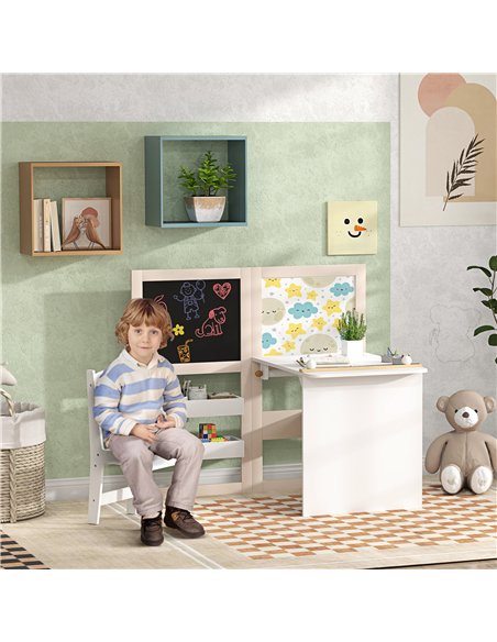 AIYAPLAY 3 in 1 Kids Table and Chair Set with Storage, Whiteboard, Blackboard & Roll Paper for 3-8 Years, White